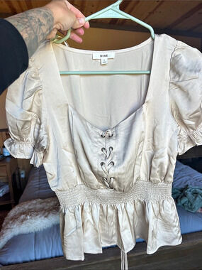 Boho Cottagecore Puff Sleeve Silky Crop Top in Cream NWOT